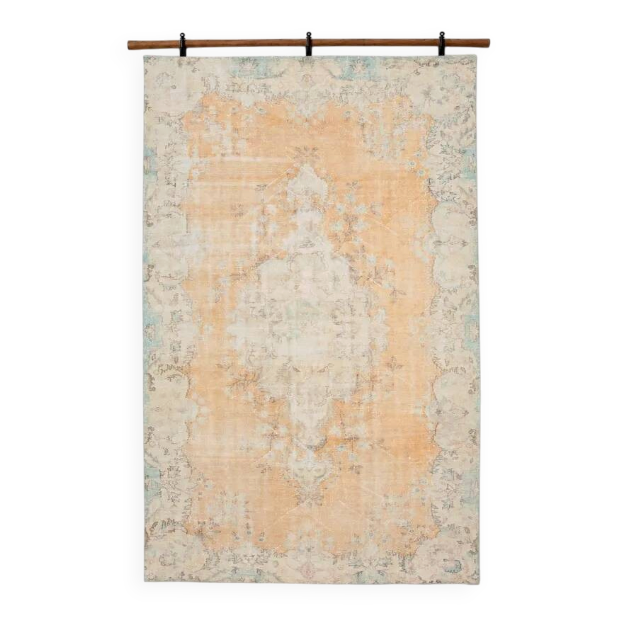 7x10 Vintage Turkish Rug, Orange Beige Floral Rug, Faded Wool Cotton Area Rug