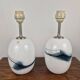 Pair of blown glass table lamps with a blue Sakura pattern by Michael Bang for Fyens Glasværk, Denmark, 1960.
