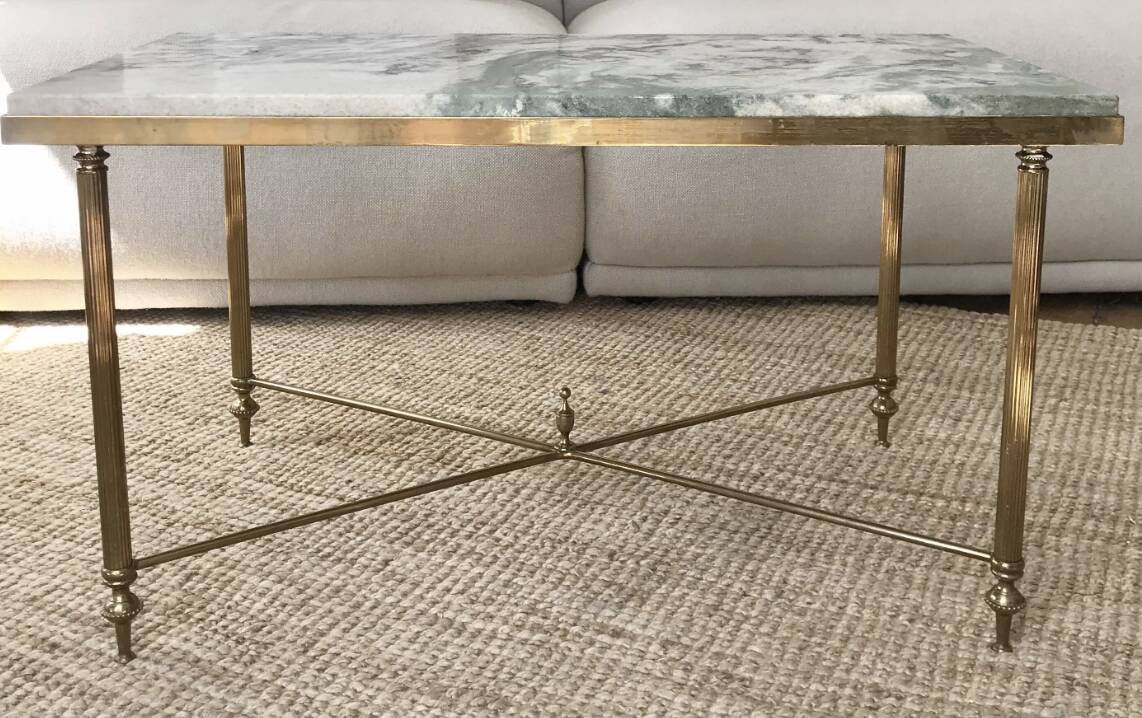 Coffee table in brass and green marble