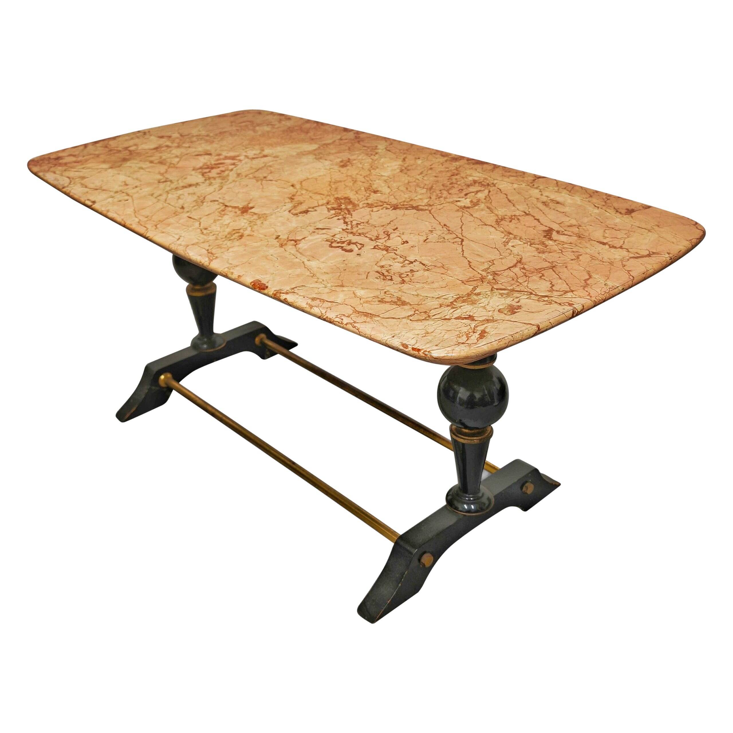 Mid-century modern coffee table in marble, brass, and wood, 1950s.