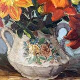 Oil painting on canvas signed Raymond PERISSE - Bouquet of Dahlias - Lorraine painter