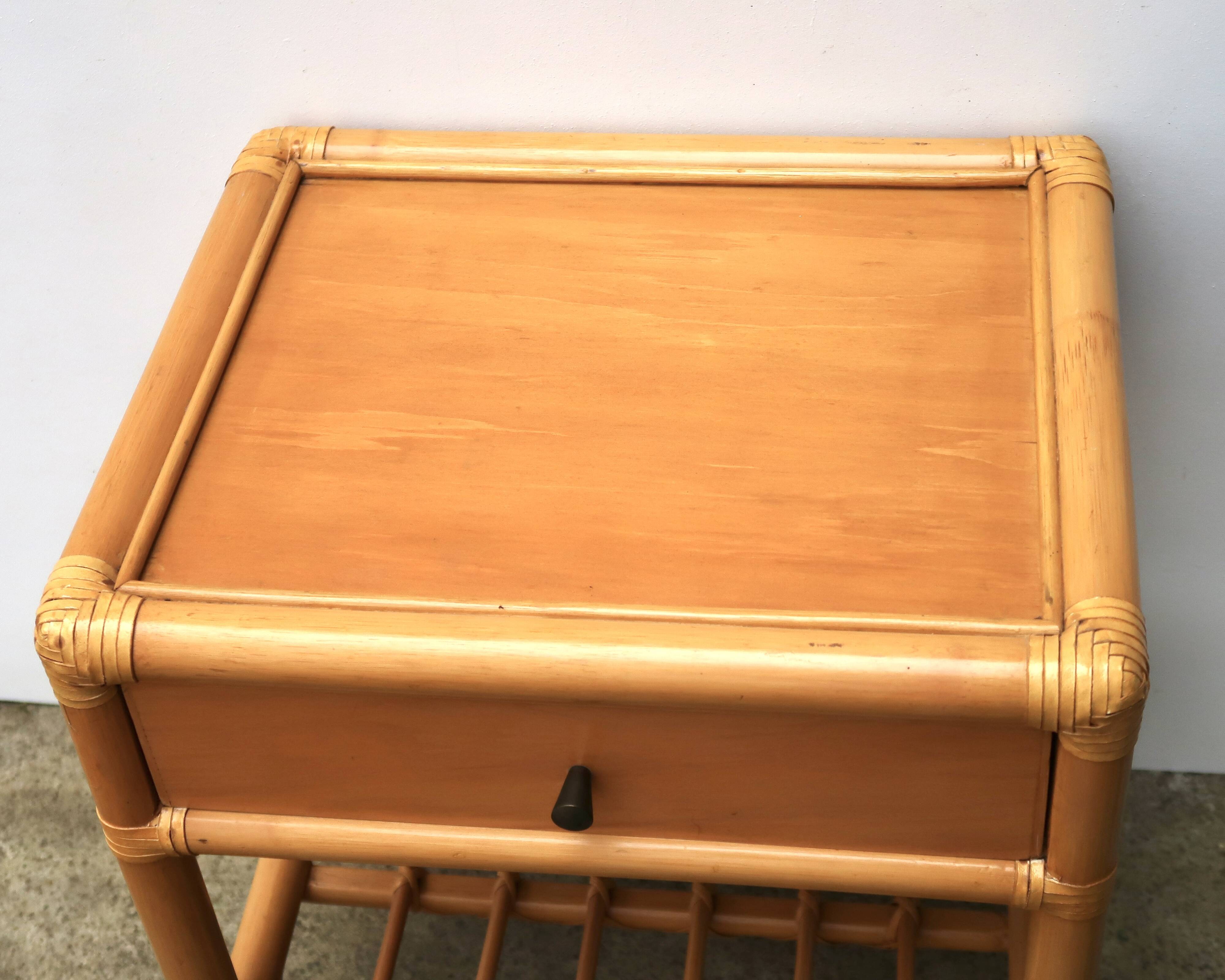 Bedside or side table in wood, bamboo and rattan, 1970s