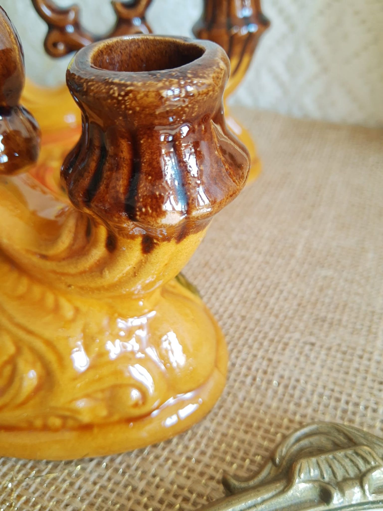 Paire de bougeoirs double barbotine - vintage