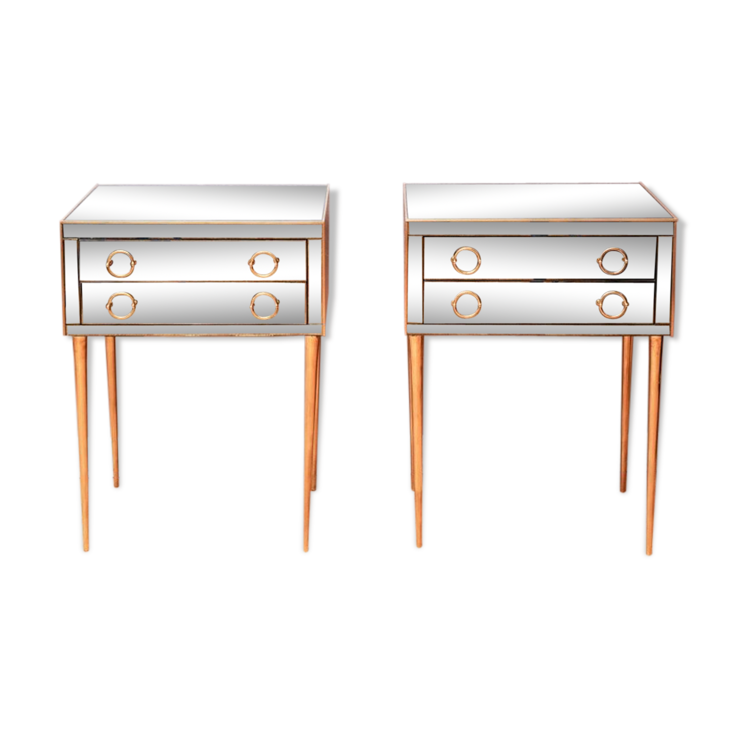 Pair of nightstands in anthracite colored glass and brass