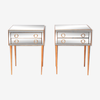 Pair of nightstands in anthracite colored glass and brass