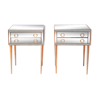 Pair of nightstands in anthracite colored glass and brass