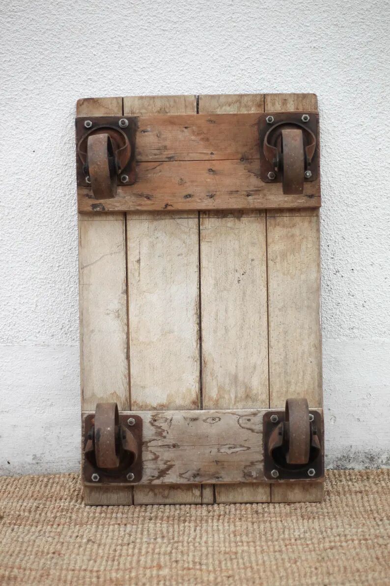 Vintage trolley coffee table, industrial wooden table on wheels, decor.