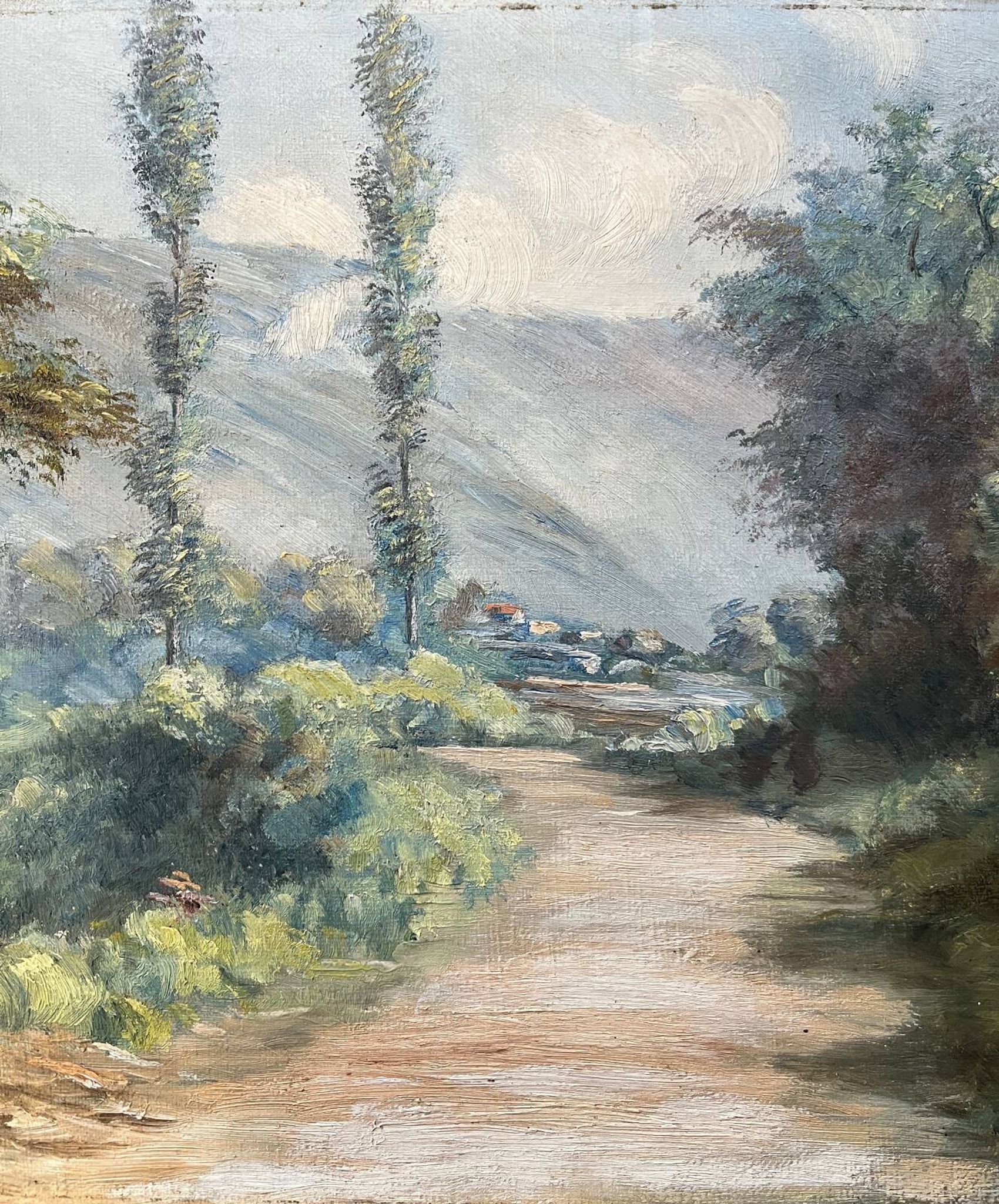 Tableau HST "Paysage avec village arboré" signé Drox 1905