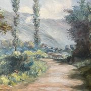 Tableau HST "Paysage avec village arboré" signé Drox 1905