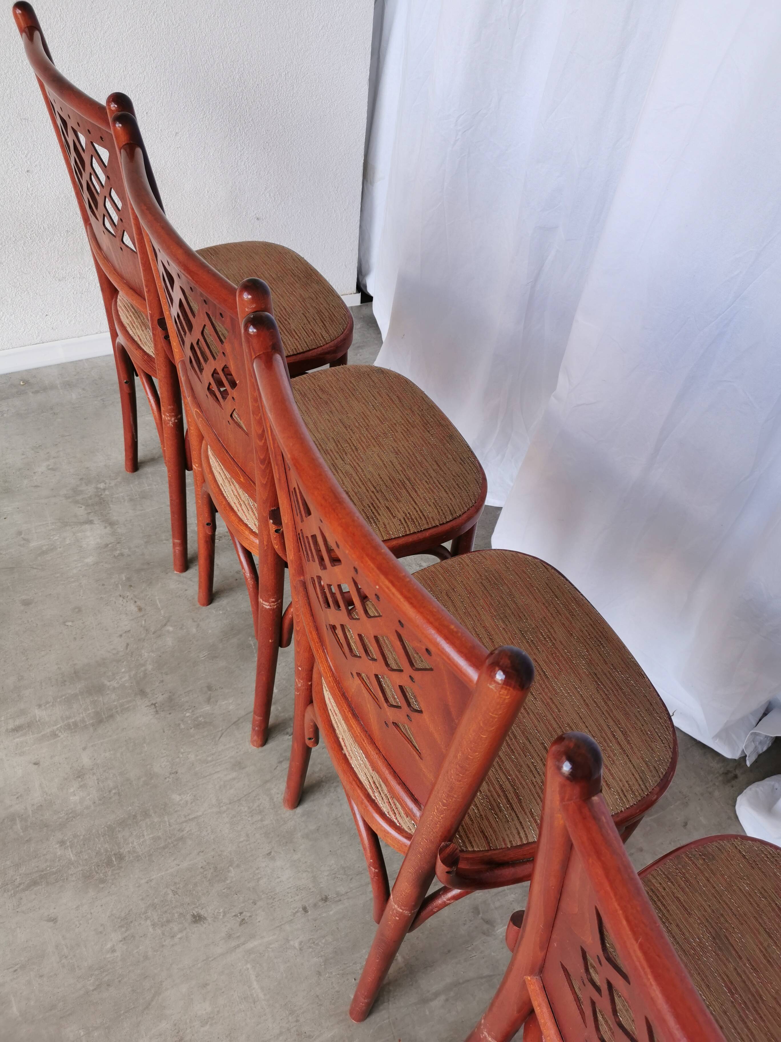 Vintage Italian Bistro Chairs - 1980s Reddish Wood, Brown Fabric - Set of 4