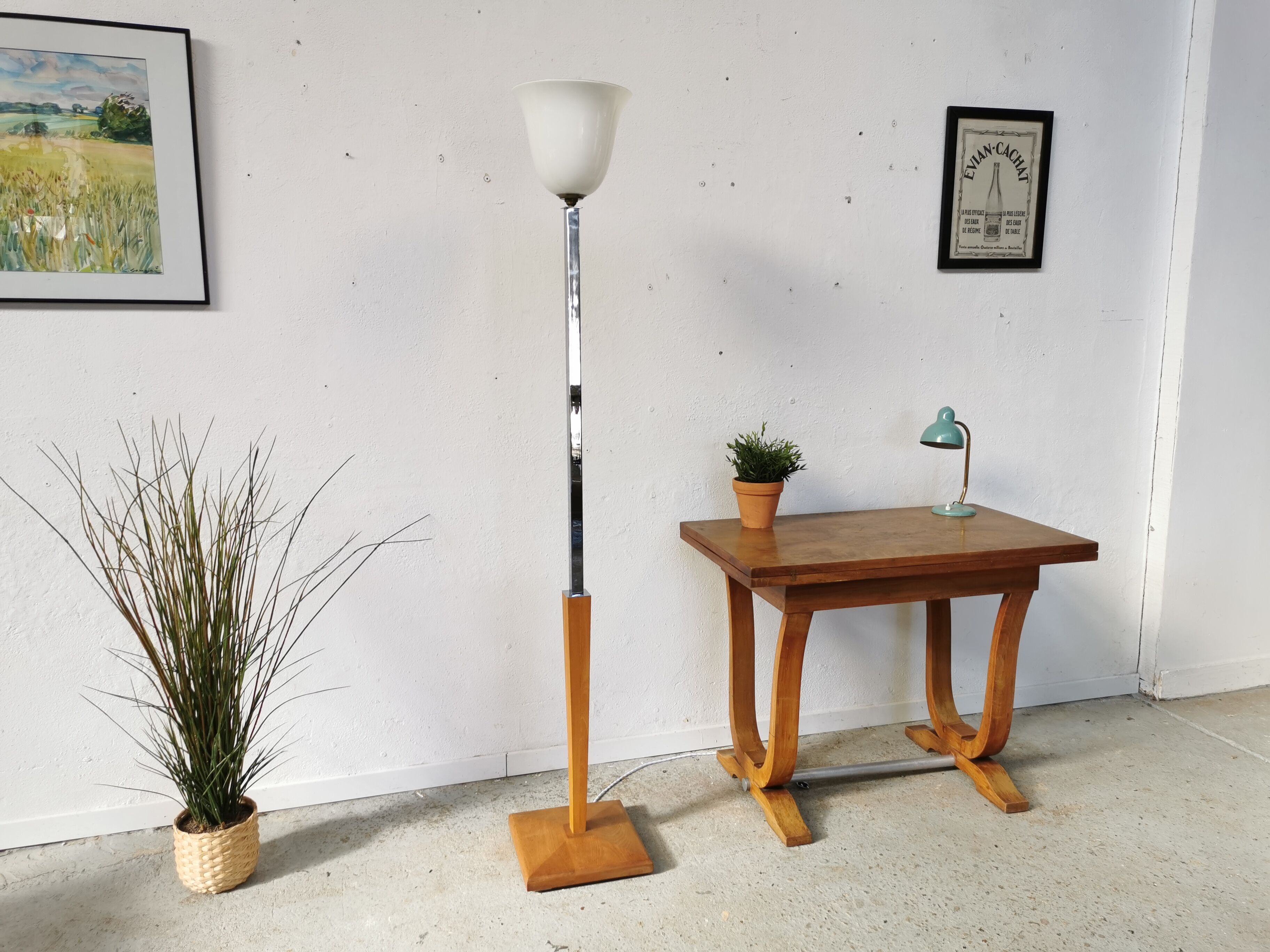 Art deco floor lamp Mazda chrome opaline wood