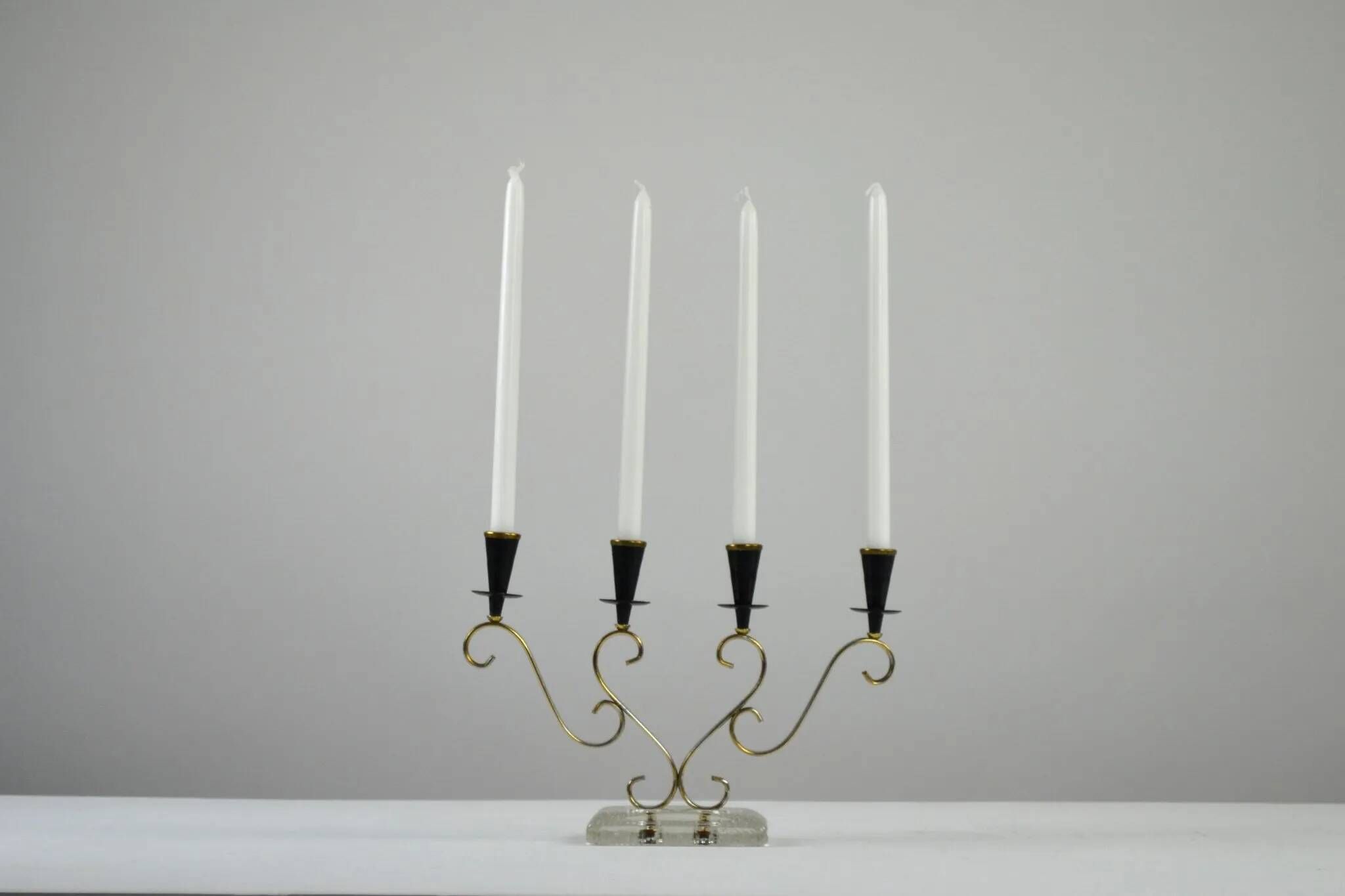 Brass Candelabra with Art Glass Base by Gunnar Ander for Ystad-Metall, Sweden, 1950s