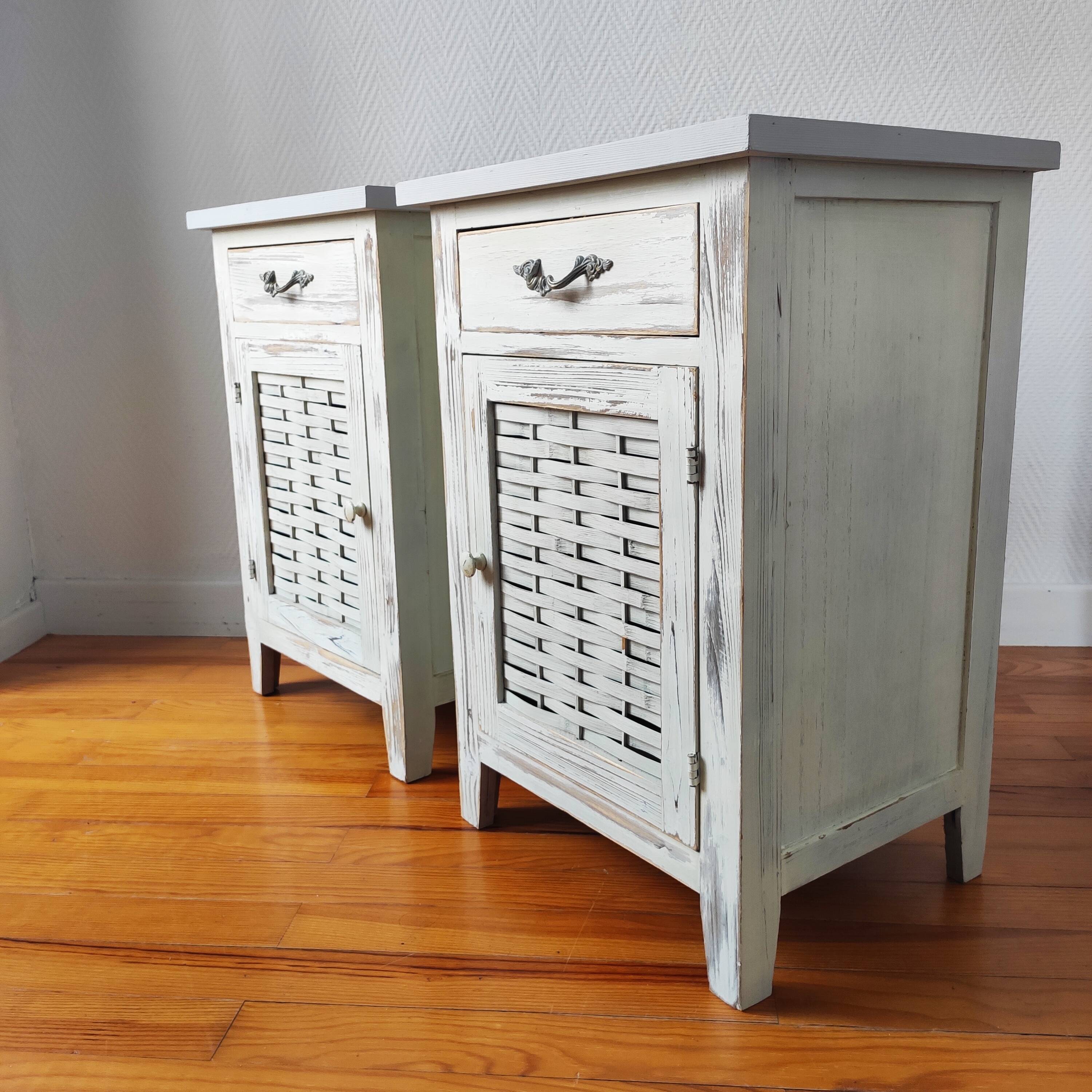 Pair of patinated bedside tables and end tables