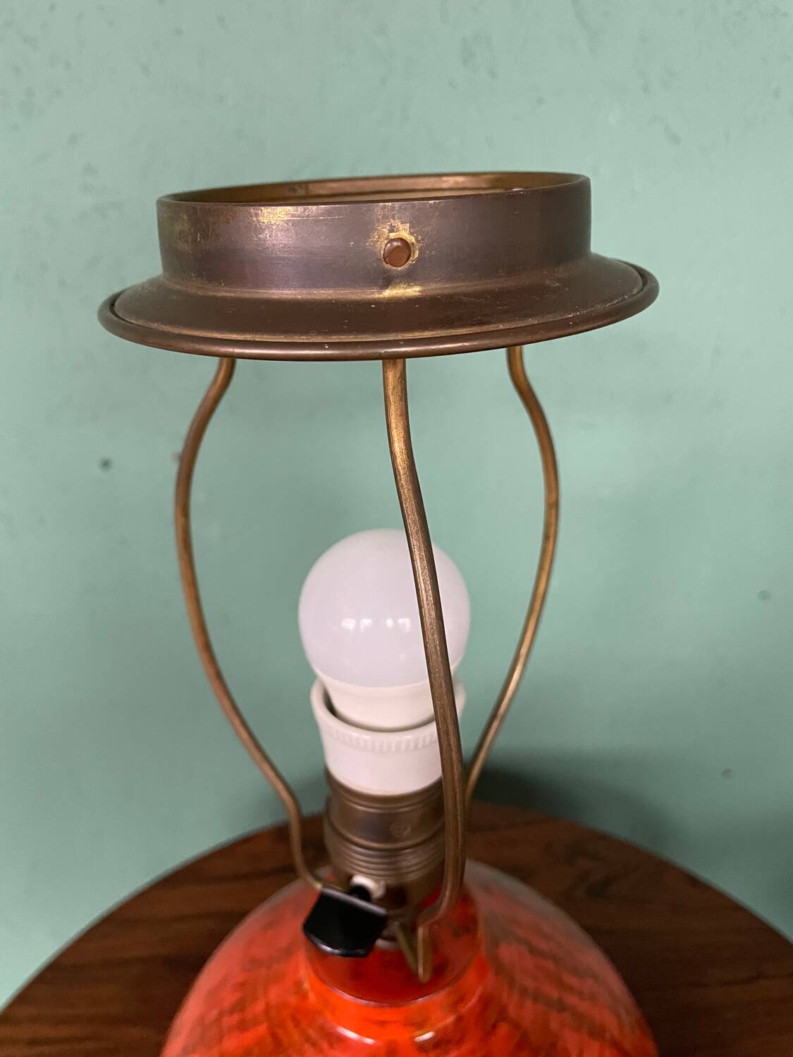Art Deco HAK Herman Kähler Pottery Lamp, c.1930s Orange Globe with Brass Details