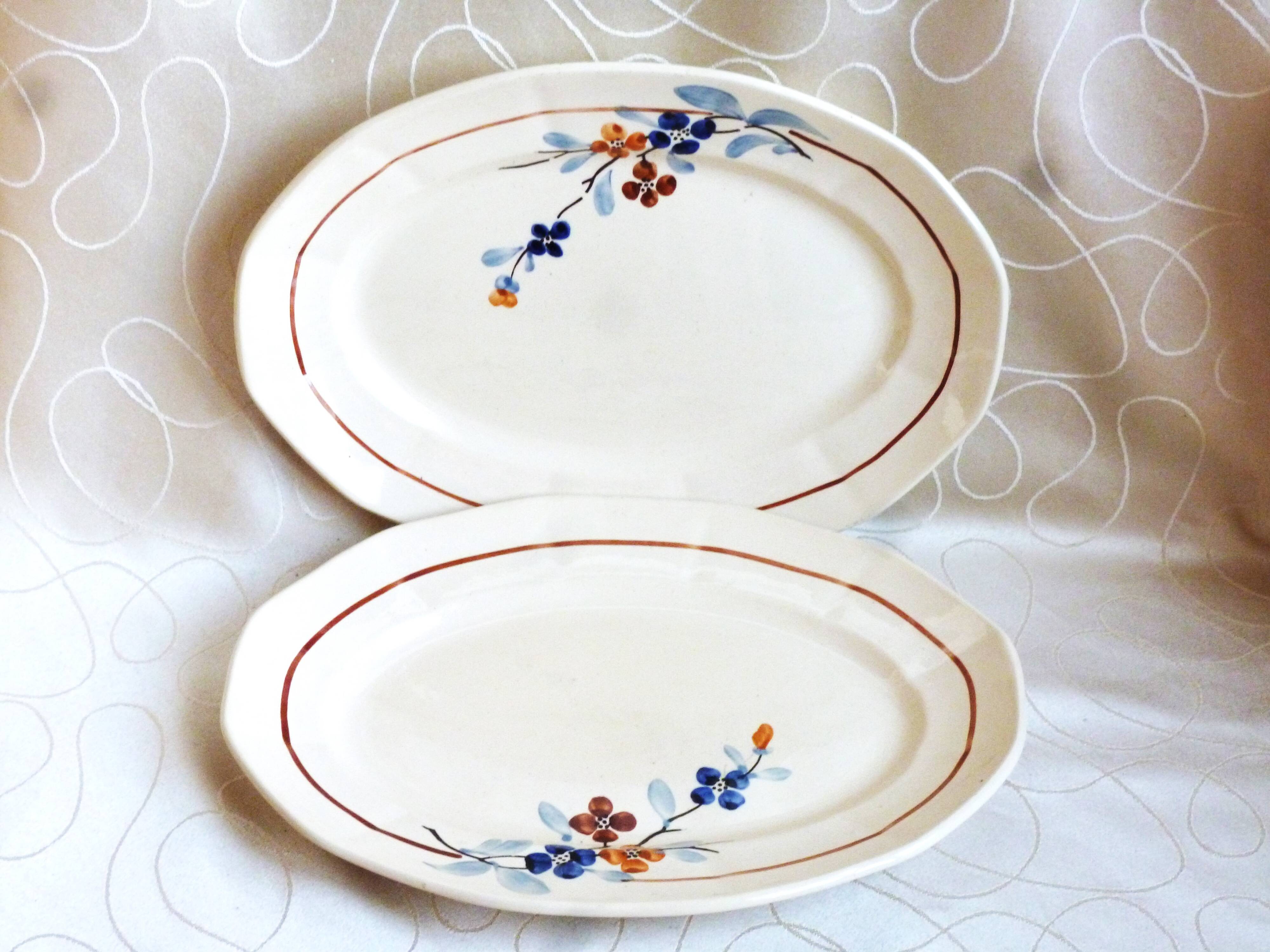 2 vintage Sarreguemines dishes, table service dishes with floral hand decoration