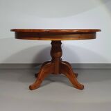 70s pine wood dining table / wood column leg table in 4-leg design with round top