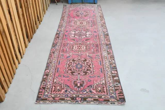 1970s Vintage Turkish Hand-Knotted Wool Cotton Pink Runner Rug 95x320