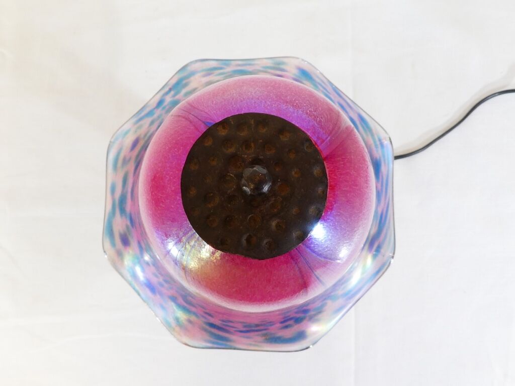 Art deco wrought iron lamp and speckled glass tulip