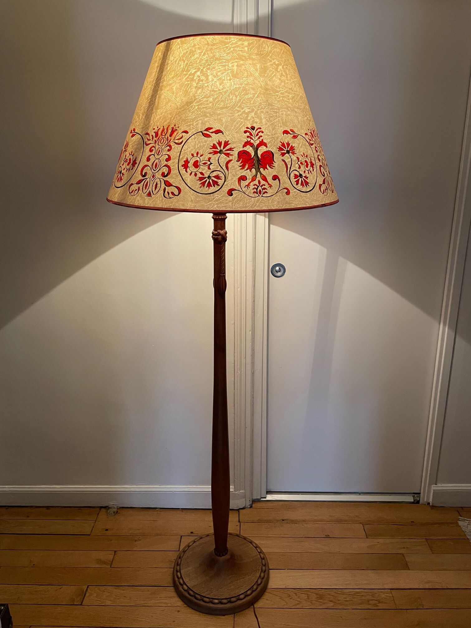 carved wooden floor lamp from the 40s