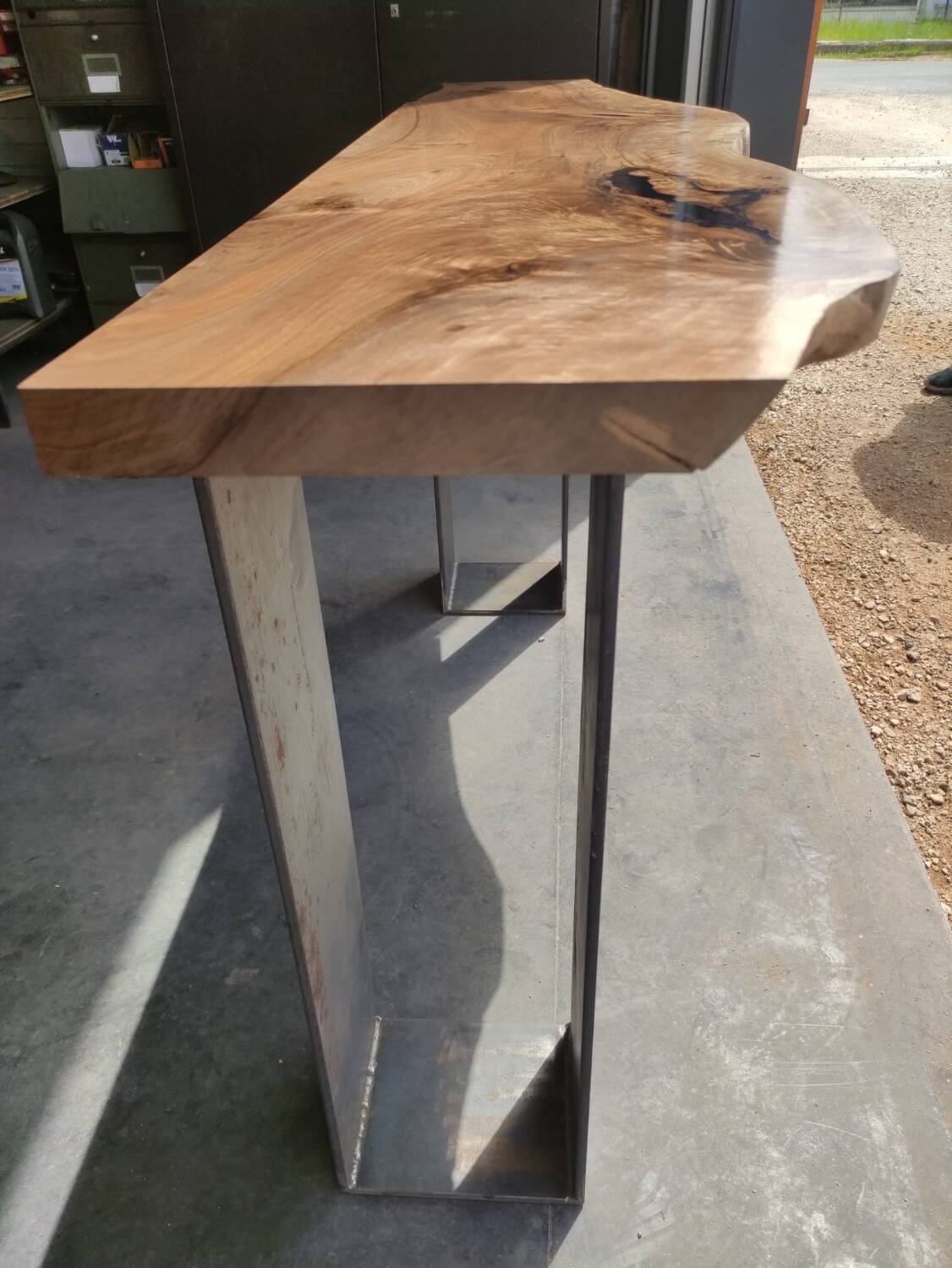 Walnut console with steel legs