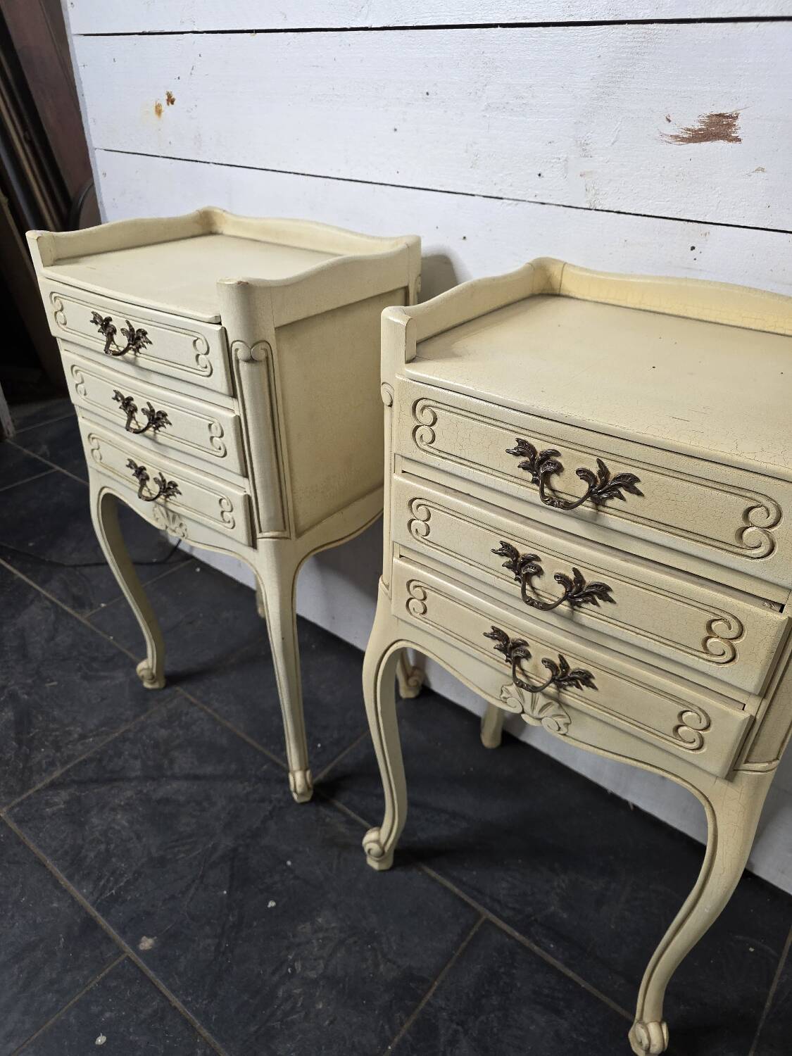 Pair of Louis XV style bedside tables with patina