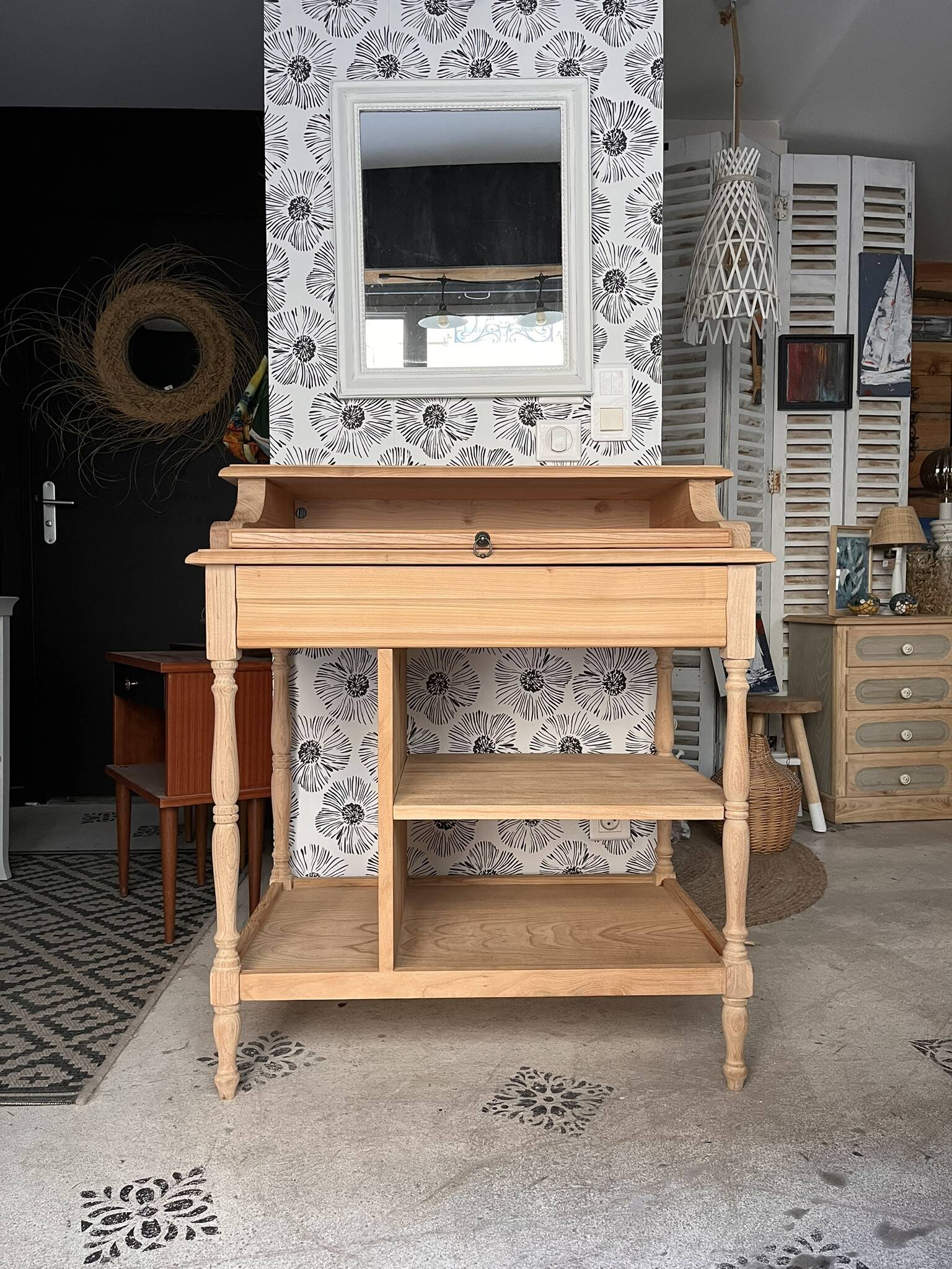 Bureau secrétaire console bois clair vintage Alphonse avec tiroir