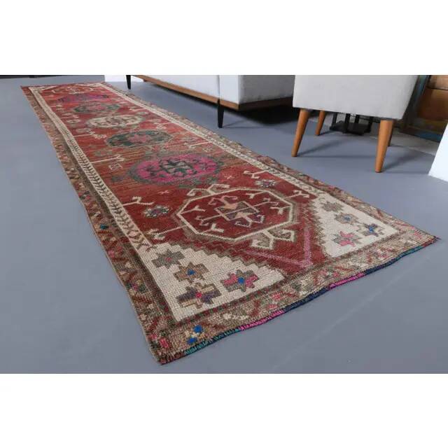 1970s Vintage Turkish Hand-Knotted Wool Cotton Red Runner Rug 90x390