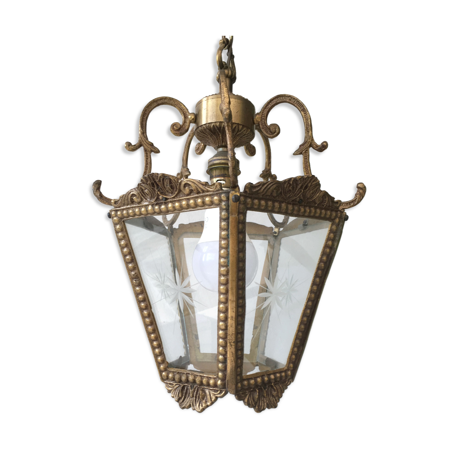 Hanging brass lantern and engraved glass