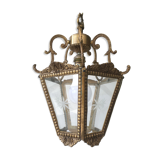 Hanging brass lantern and engraved glass
