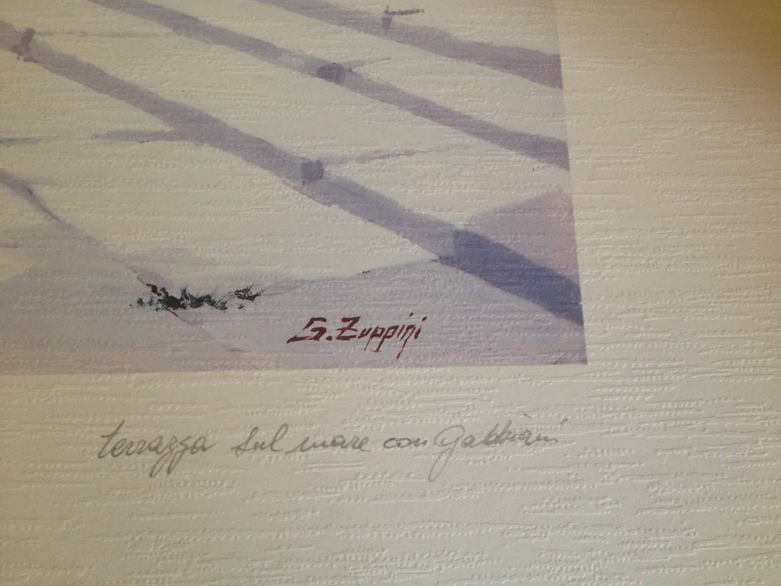 Giorgio Zuppini, Terrace by the Sea with Seagulls, Lithograph, 1970