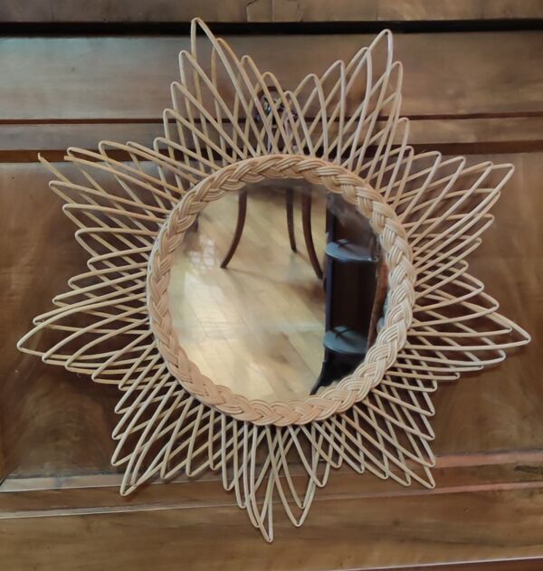 Miroir soleil rotin vintage, 51 cm