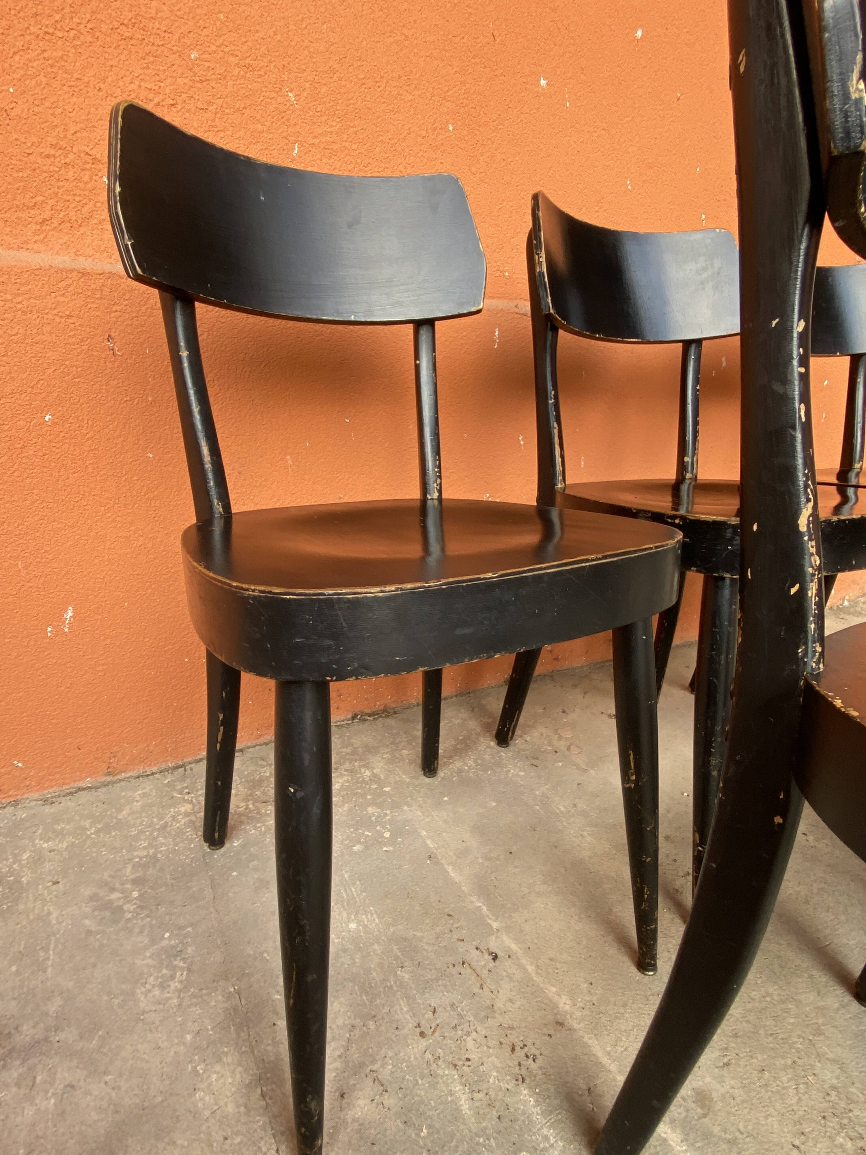 6 patinated curved wood bistro chairs
