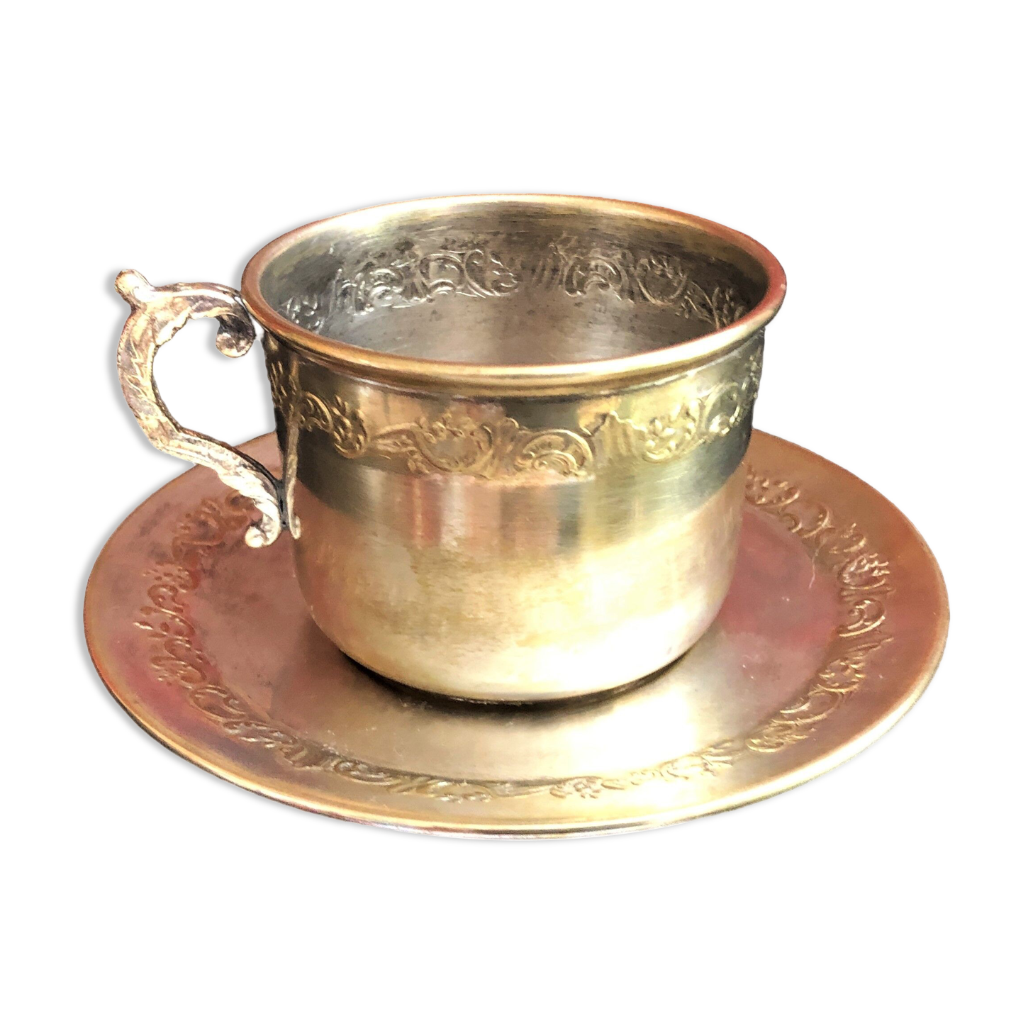 Silver metal cup and saucer