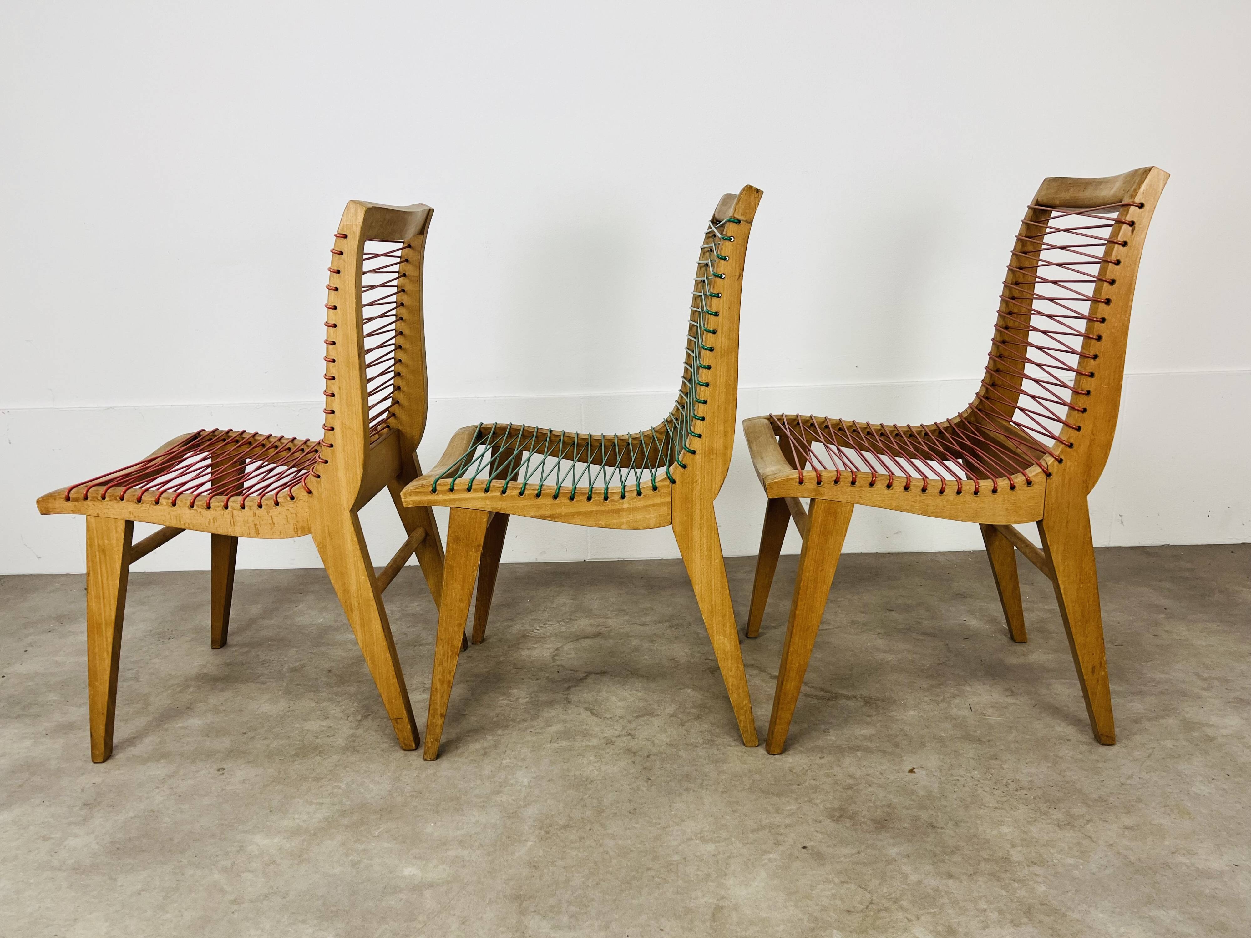 3 Louis Sognot scoubidou chairs from the 1950s
