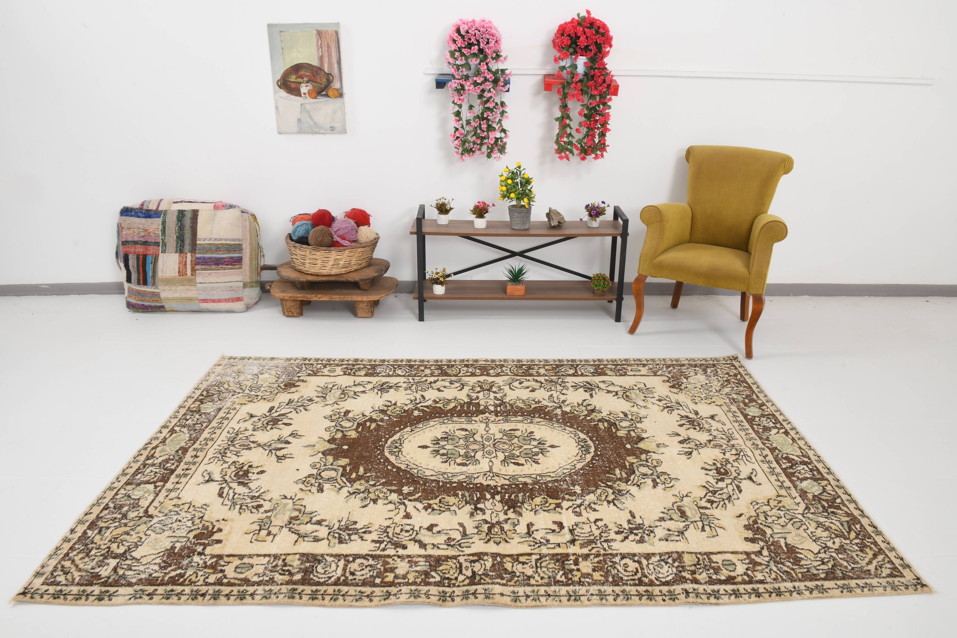 5x9 Cream & Brown Turkish Vintage Rug 162x260Cm SK 24779