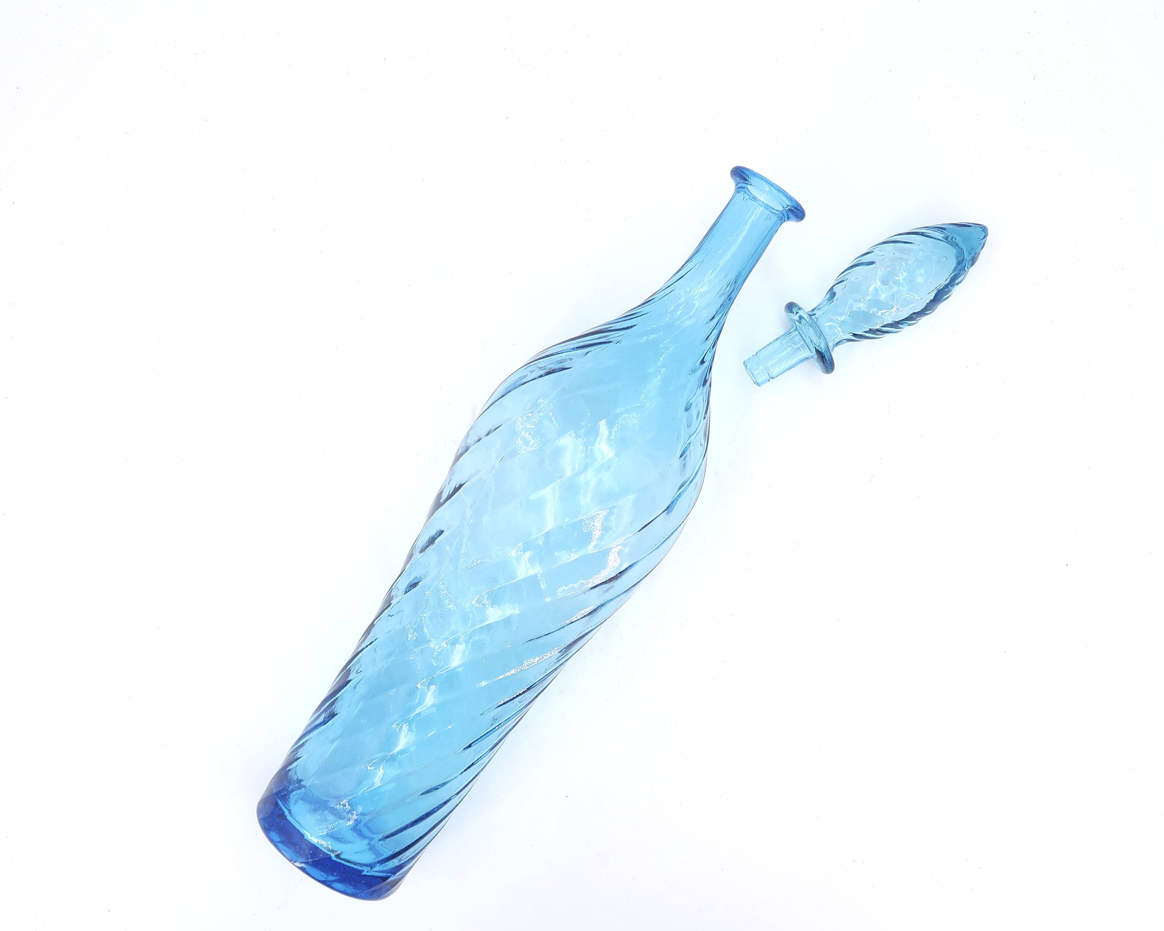 Empoli blue glass carafe with grooves, 60s bottle