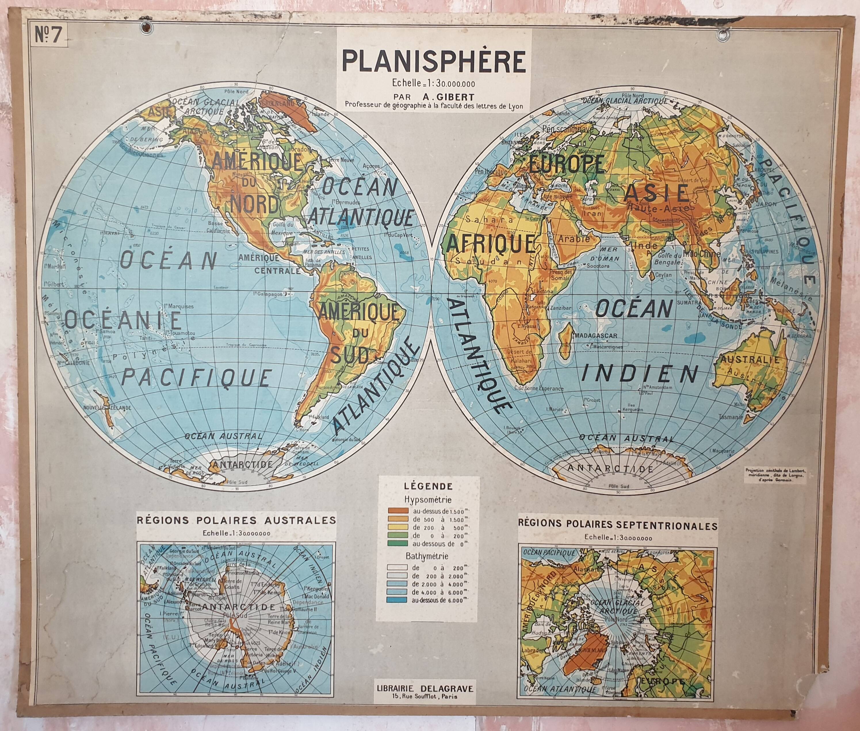 Ancienne carte scolaire Delagrave Gibert 7, 1930 - Planisphère, mappemon