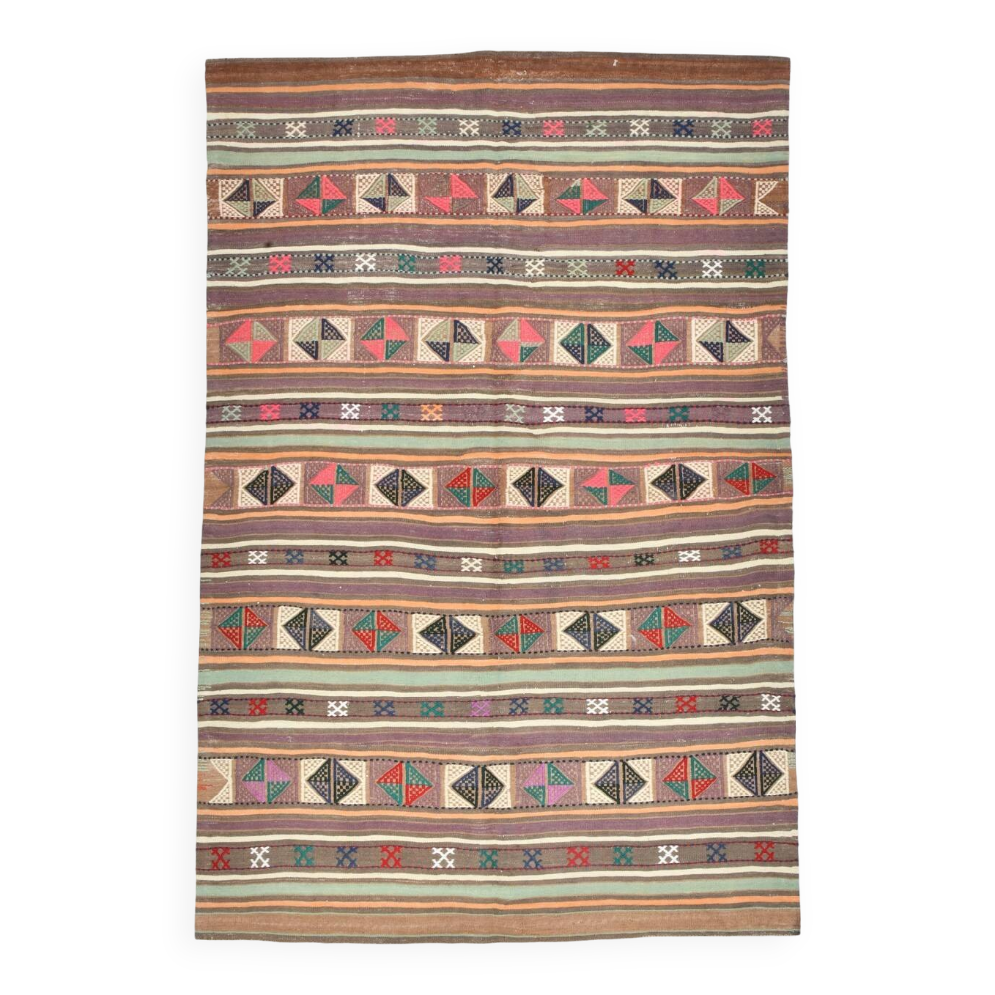 Tapis kilim vintage en laine, motifs géométriques et tons pastel,146x224 Cm