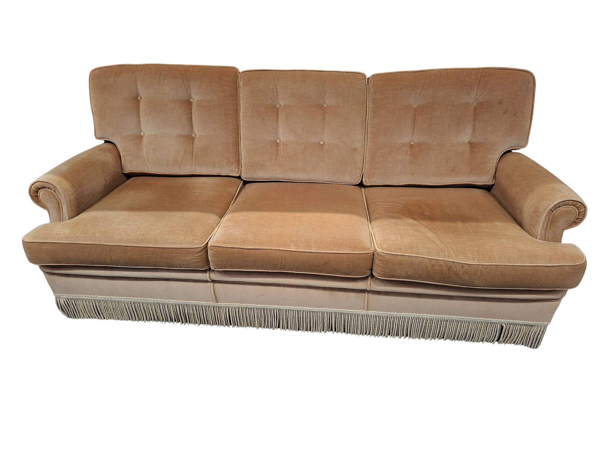 Set salotto in ciniglia degli anni ’70 con frangia decorativa