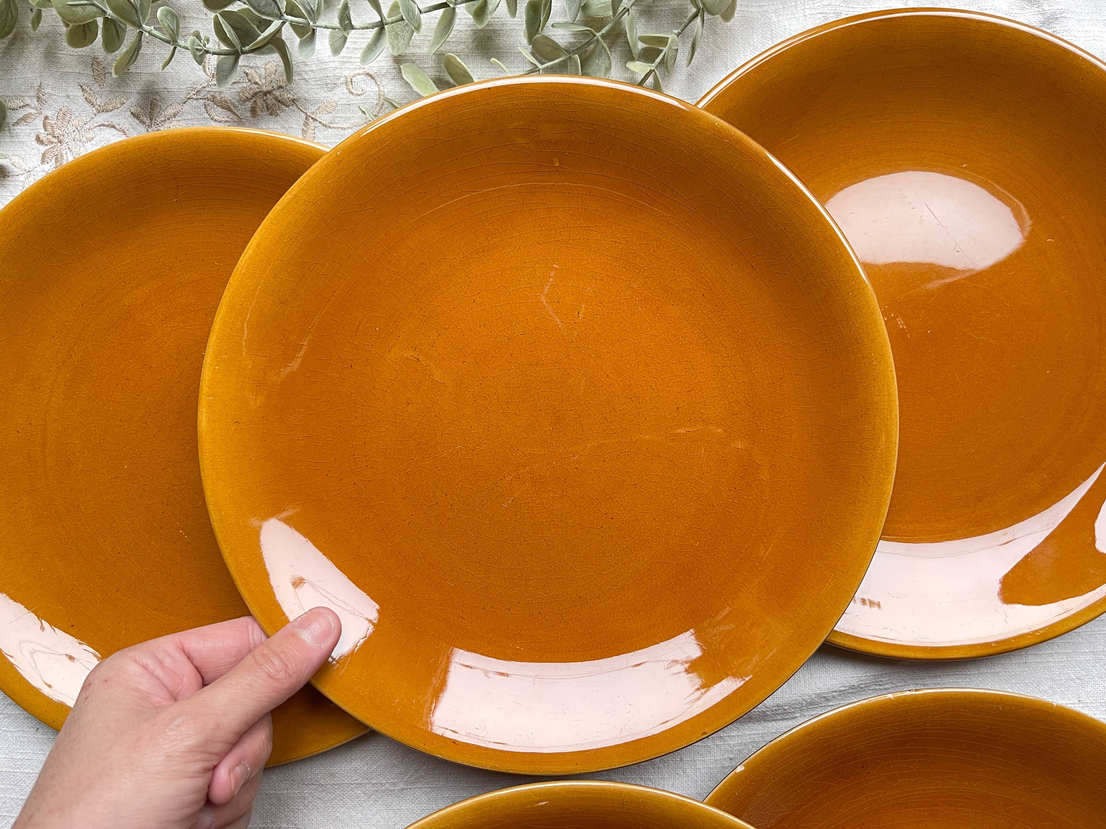 6 Vintage Longchamp amber earthenware plates, France 1970