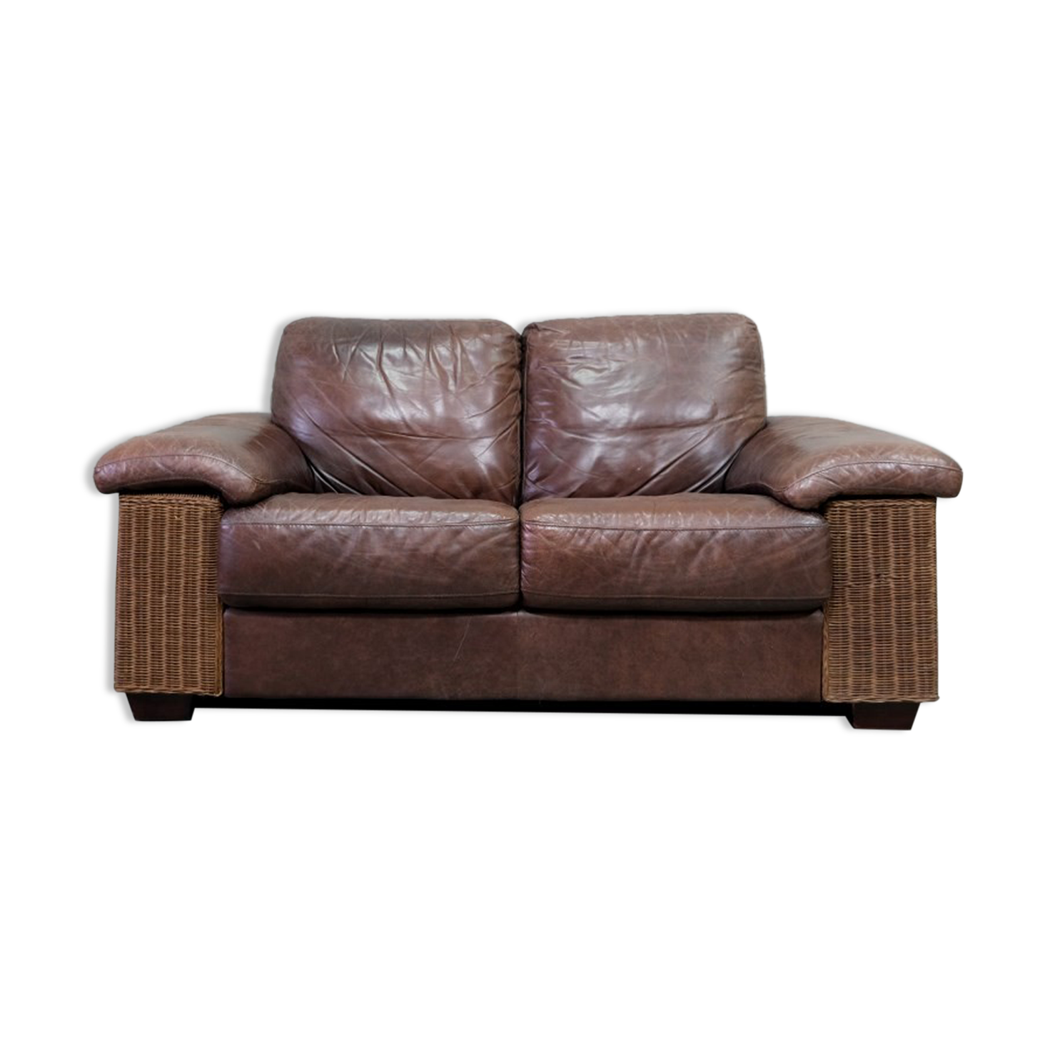 Italian Rattan and Leather Sofa, 1970s