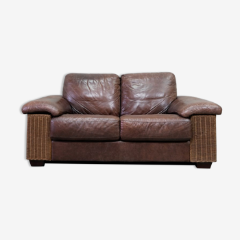 Italian Rattan and Leather Sofa, 1970s