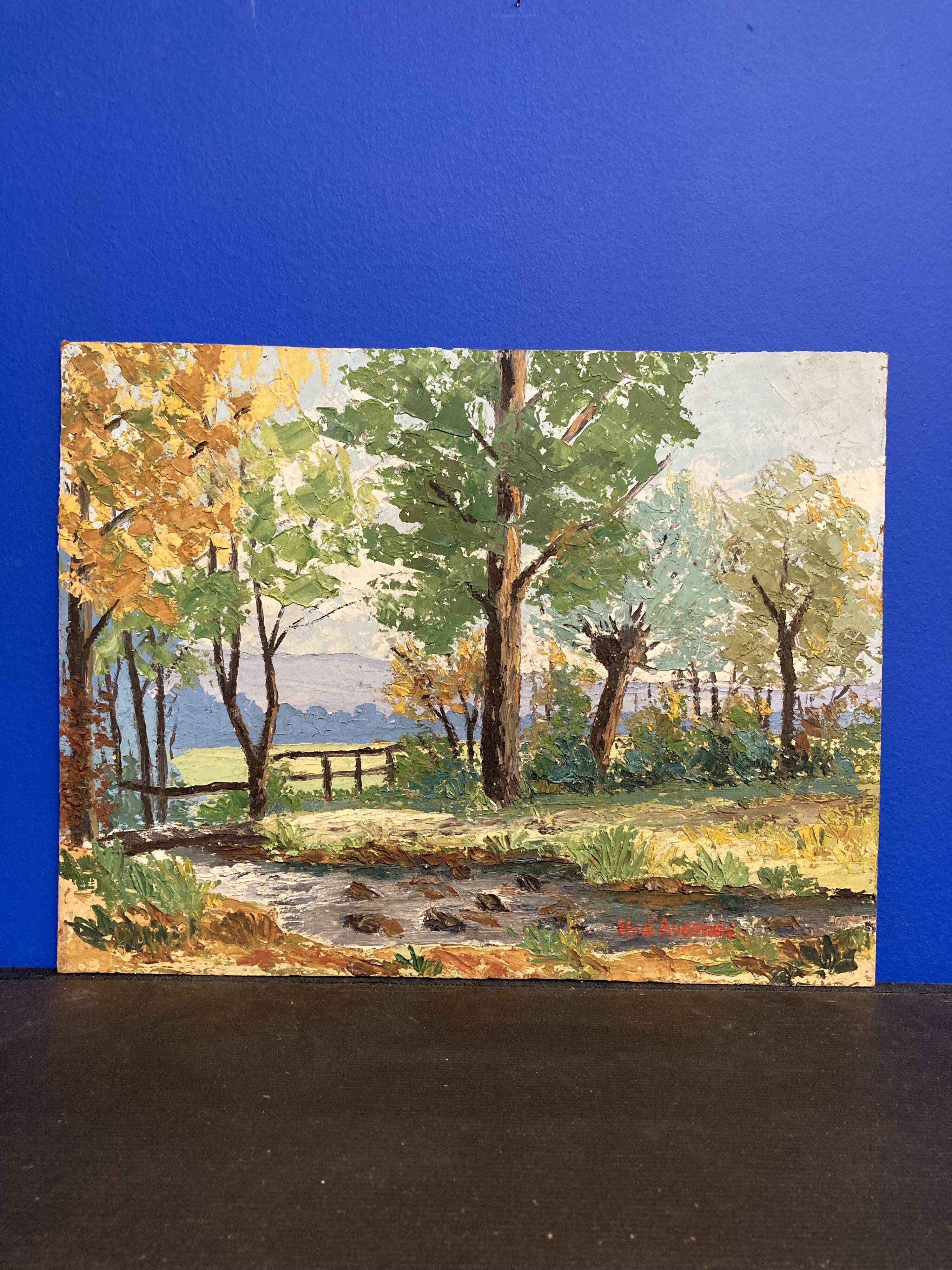 Oil on panel Landscape at the watercourse