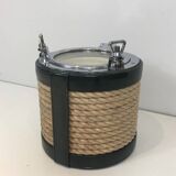 Ice bucket in leather, rope, and chrome. In the style of Jacques Adnet