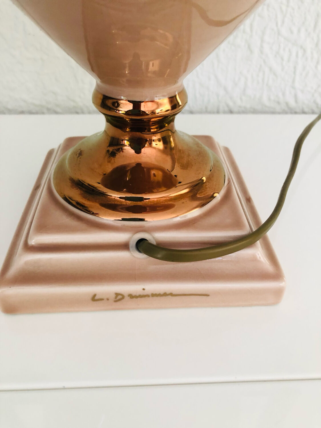 Ceramic lamp in pink and copper signed Louis Drimmer, circa 1980.