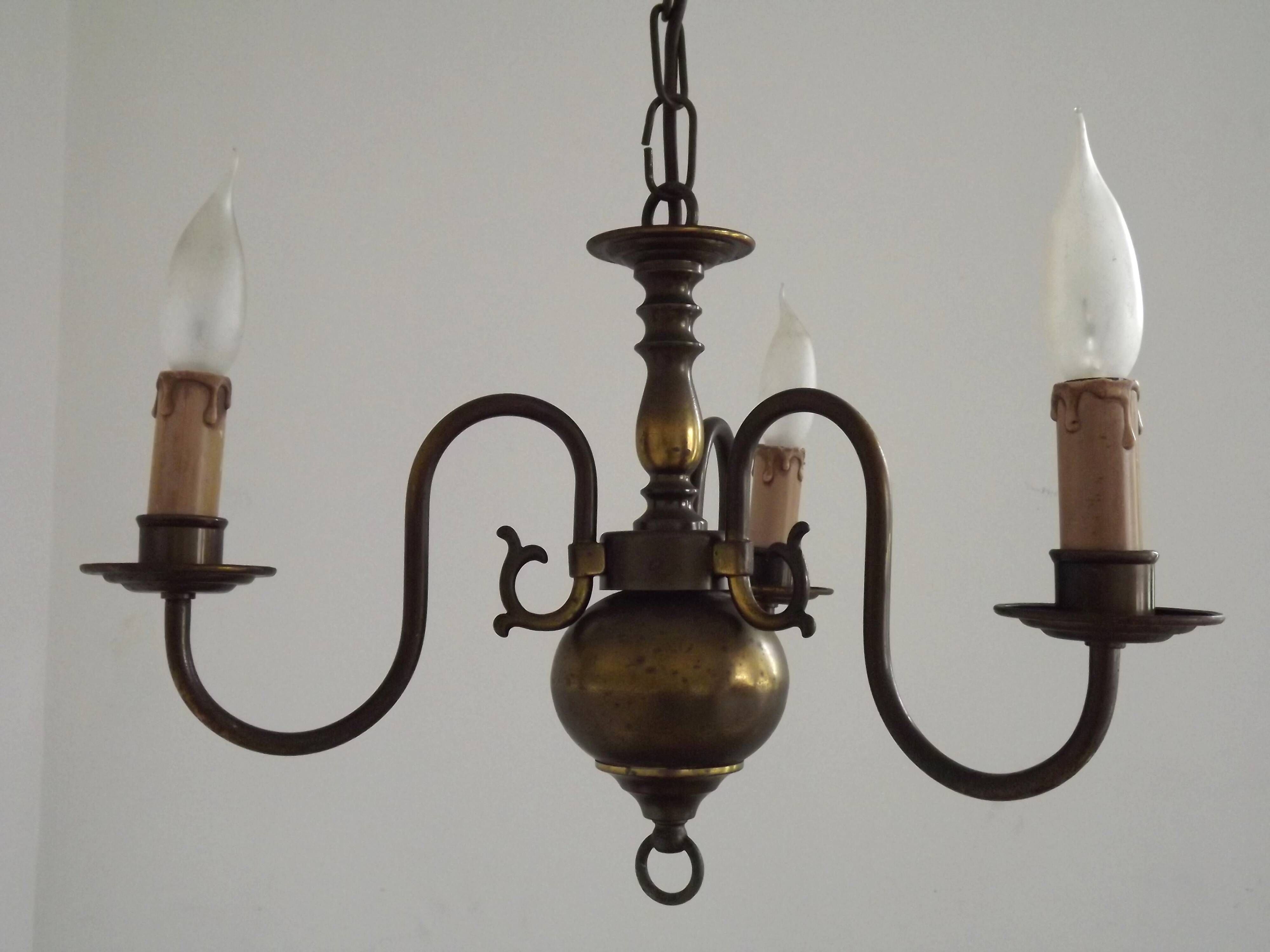 French Vintage Old Aged Bronzed Metal 3 Light Flemish Style Chandelier 4804