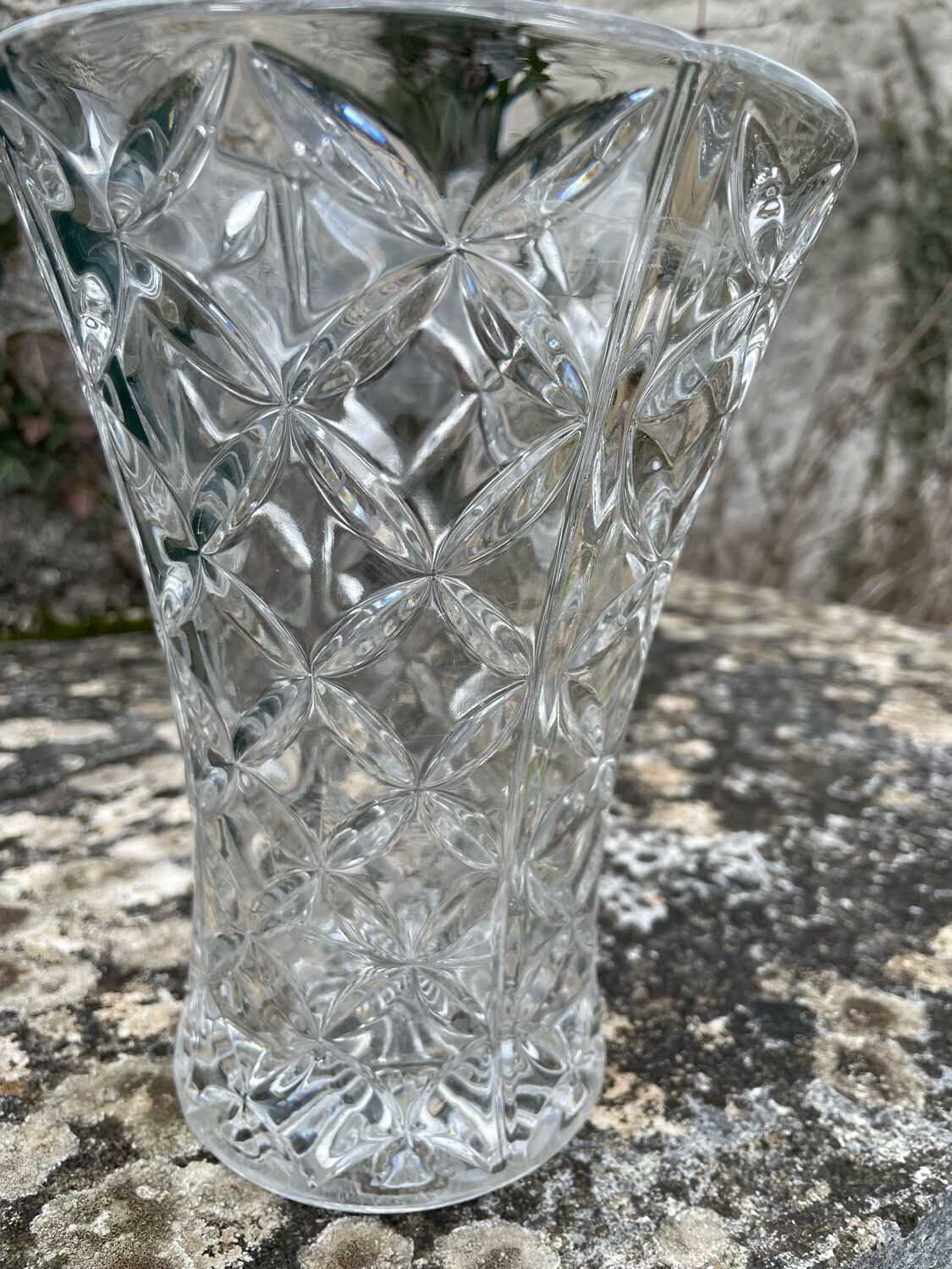 Vintage chiseled glass vase transparent glass