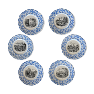 19th C. Blue & Black German Cities Plates - Set of 6