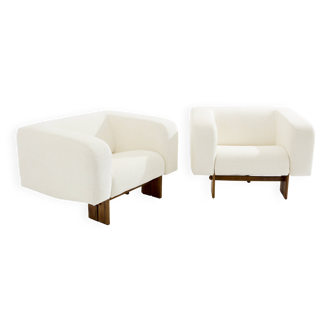 Pair of Italian brutalist armchairs in walnut and chenille velvet, 1960s