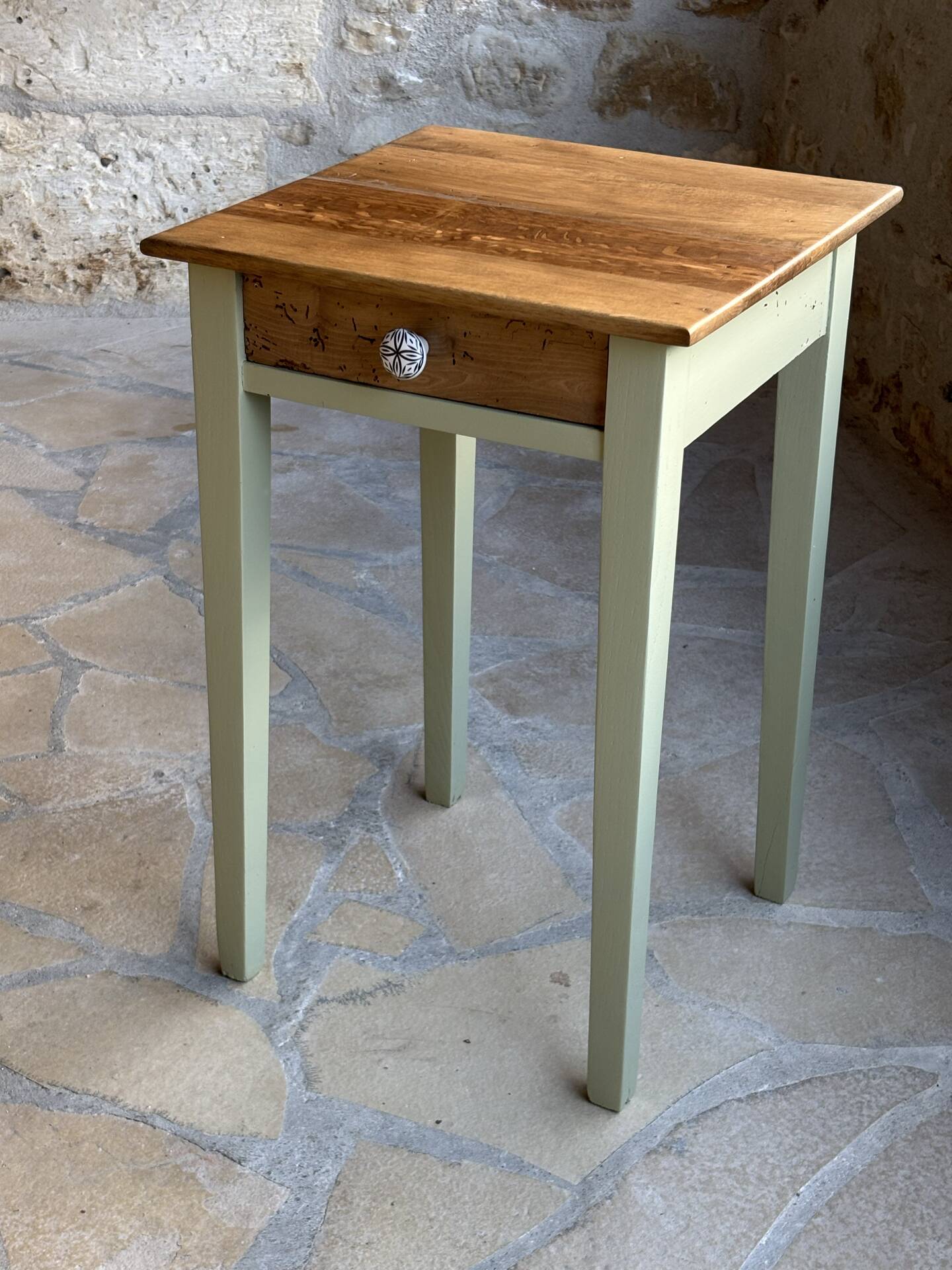 Restored antique oak bedside table - almond green and natural varnished wood